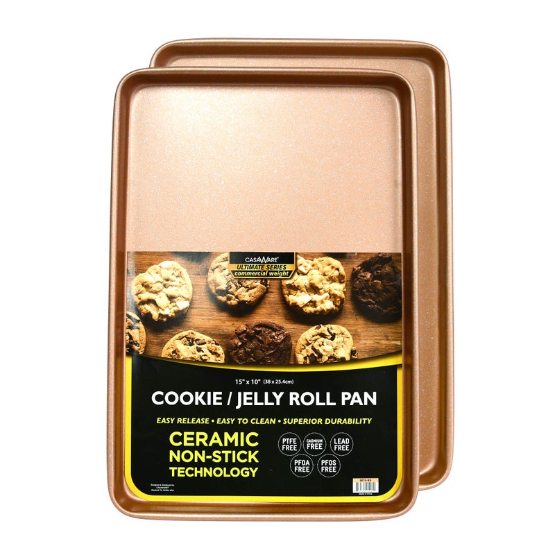 casaWare 2pc Ultimate Commercial Weight 15 x 10 x 1-Inch Cookie Sheet Set (Rose Gold Granite) - Image 1